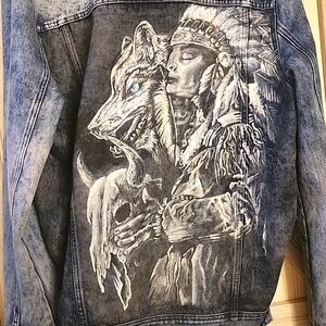 Native American Tribal painted jean jacket men's large. Make me an offer